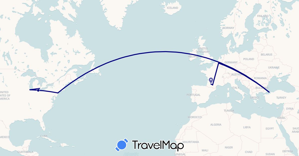 TravelMap itinerary: driving in Belgium, France, Turkey, United States (Asia, Europe, North America)